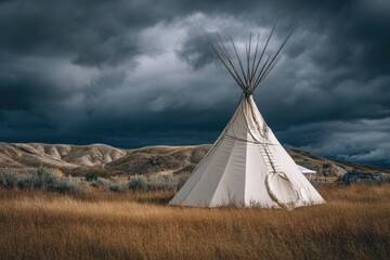 A traditional teepee under a dramatic sky