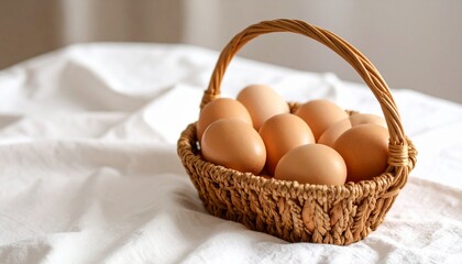 Organic eggs in a woven basket on cotton cloth. Rustic, natural, and fresh, perfect for farm, breakfast, and food photography projects.
