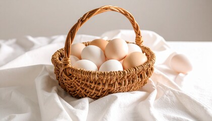 Organic eggs in a woven basket on cotton cloth. Rustic, natural, and fresh, perfect for farm, breakfast, and food photography projects.