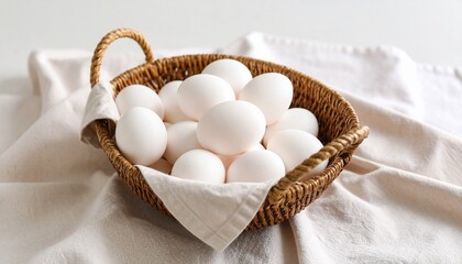 Organic eggs in a woven basket on cotton cloth. Rustic, natural, and fresh, perfect for farm, breakfast, and food photography projects.
