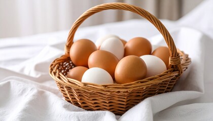 Organic eggs in a woven basket on cotton cloth. Rustic, natural, and fresh, perfect for farm, breakfast, and food photography projects.