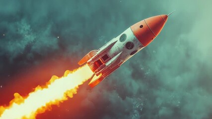 Retro rocket launching into outer space with flames and smoke - Powered by Adobe