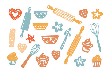 Baking Tools: A charming collection of illustrative baking tools, including rolling pins, whisks, and bowls, arranged for a delightful culinary and creative concept.
