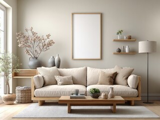 Minimalist living room with beige sofa, wooden accents, and a large blank frame