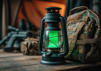 A black lantern with a vibrant green light sits on a wooden surface surrounded by military gear