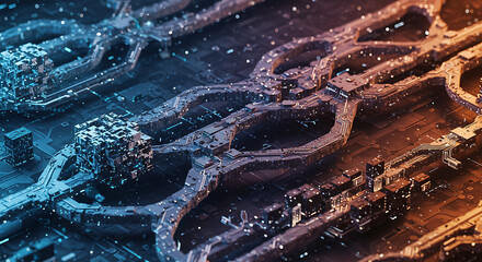 Advanced digital processor with intricate glowing circuits showing data flow. A futuristic technology concept in blue and orange.