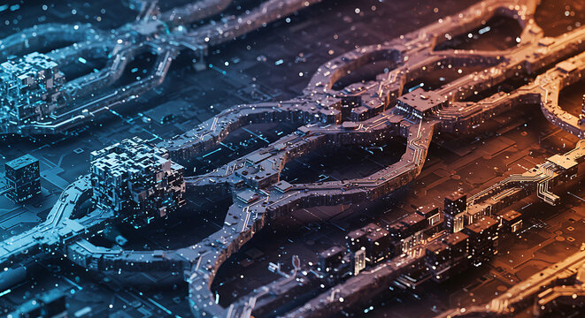 Advanced digital processor with intricate glowing circuits showing data flow. A futuristic technology concept in blue and orange.