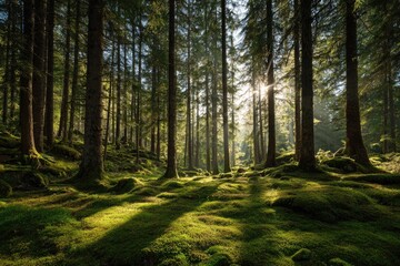 Fototapeta premium Sunlight streams through a dense forest of tall pines, illuminating a mossy forest floor