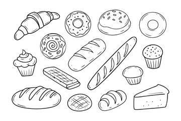 Sweet Bakery Delights: A charming array of various bakery items including a croissant, a donut, a bread, and a cupcake