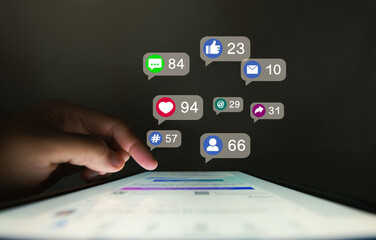 Man using interactive touchscreen display scrolling and touching,concept Social Media, Marketing, Post - Structure, like buttons