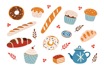 Bakery Delight: A charming illustration showcases a variety of baked goods, including croissants, muffins, and baguettes, exuding warmth and deliciousness. 