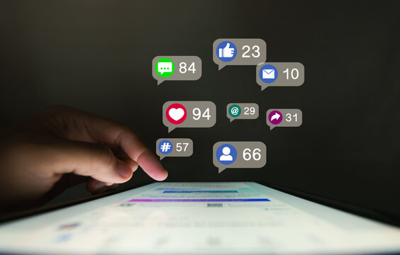 Man using interactive touchscreen display scrolling and touching,concept Social Media, Marketing, Post - Structure, like buttons - Powered by Adobe