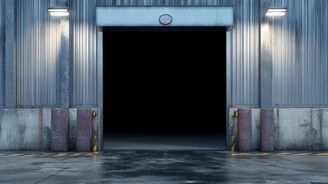 Loading dock door illuminating industrial building at night