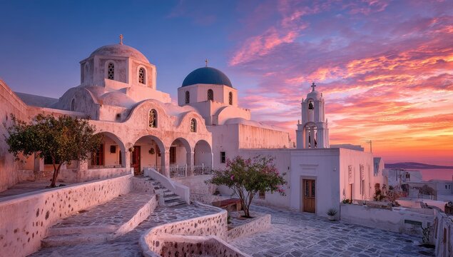 Sunset over a Greek church complex - Powered by Adobe