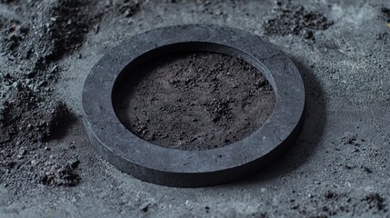 A black circular object with a hole in the middle, surrounded by dirt and rocks.
