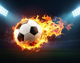 Fototapeta premium Close-up of a footballer’s leg kicking a ball on a stadium field. Dust and grass in motion, dramatic lighting, no face visible, sports editorial style.