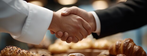 Handshake between chef and businessman in bakery, fresh baked goods in background