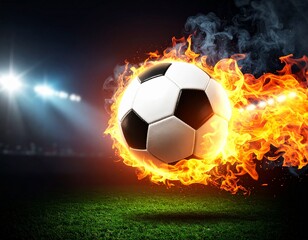 Close-up of a footballer’s leg kicking a ball on a stadium field. Dust and grass in motion, dramatic lighting, no face visible, sports editorial style.