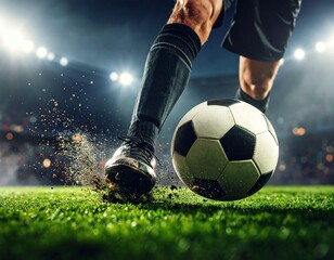 Close-up of a footballer’s leg kicking a ball on a stadium field. Dust and grass in motion, dramatic lighting, no face visible, sports editorial style.