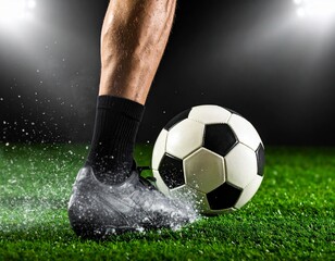 Close-up of a footballer&rsquo;s leg kicking a ball on a stadium field. Dust and grass in motion, dramatic lighting, no face visible, sports editorial style.