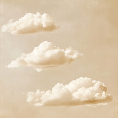 Vintage style sky with three fluffy white clouds on a sepia background
