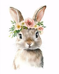 Watercolor bunny with pink flower crown on white background, cute spring animal illustration
