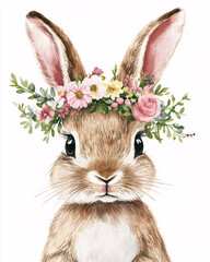 Adorable watercolor bunny with floral crown of pink and white flowers on white background
