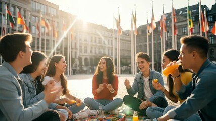 Joyful Young Friends Enjoying Outdoor Picnic in City Square with International Flags at Sunset