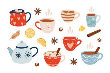 Warm Beverage Assortment: A delightful assortment of steaming hot drinks, artfully arranged with spices and citrus slices, embodying comfort and flavor in a photorealistic manner.
