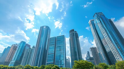 Fototapeta premium A modern cityscape with glass skyscrapers and green trees in the foreground.