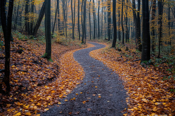 Path through a forest covered in leaves.
