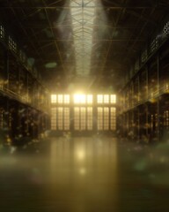 Illuminated industrial interior with a golden glow