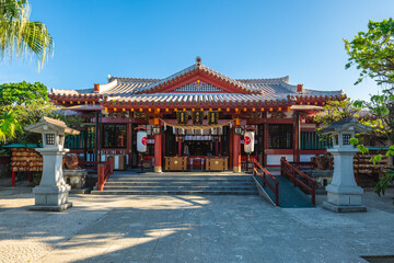 Night view of Naminoue Shrine in Naha City, Okinawa, Japan. Translation: "Naminoue Shrine", "National Protection", and "Peace for People"