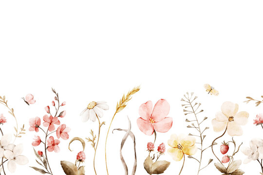 Watercolor floral seamless border with meadow wildflowers, herbs, and berries in pastel soft tones. Delicate hand drawn botanical illustrations for summer designs, textiles, baby shower, invitations.