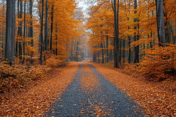 Obraz premium Fall leaves scattered on a wooded road.