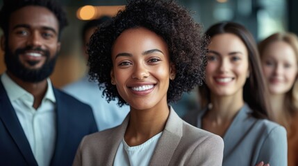 A diverse group of business professionals standing in a modern office setting, dressed in professional attire.