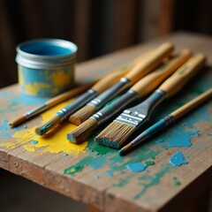 Fototapeta premium A vertical close-up of paintbrushes of various sizes neatly arranged on a wooden workbench. The brushes are slightly coated with fresh paint in vibrant colors like blue, yellow, and green, glistening