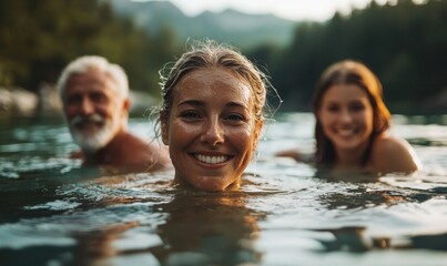 Fototapeta premium Multigenerational family members swimming in cold water in a lake, capturing a moment of unity, wellness, and outdoor family bonding, Generative AI