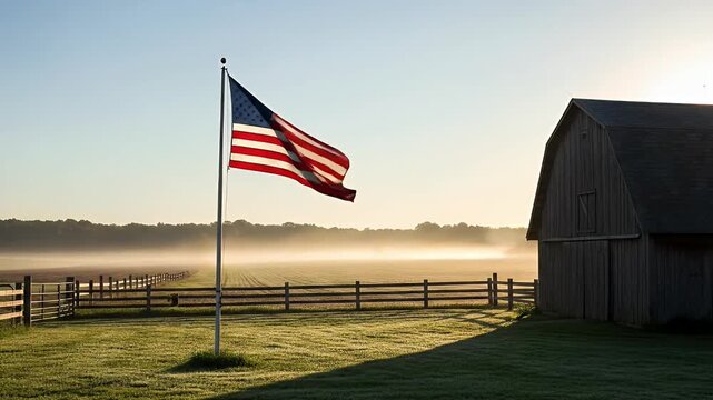 An American flag waving in front of a rustic barn on a farm during a misty sunrise