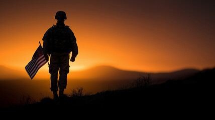 Patriotic scene of U.S. soldier silhouette holding flag against glowing orange sunset sky, symbolizing courage, sacrifice, national honor, and armed forces pride,soldier silhouette, american patriotis