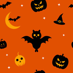 Cute halloween pattern with bats pumpkins and moon