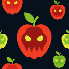 Spooky halloween apples with scary faces on a dark background