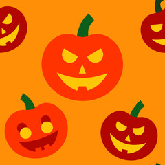 Spooky halloween jack o lanterns seamless pattern on orange background