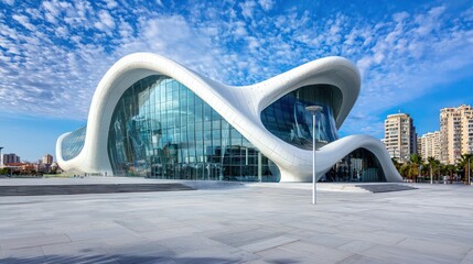 Obraz premium A modern, futuristic building with a wavy, geometric design, featuring large glass windows and a sleek, white exterior.