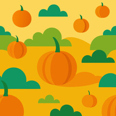 Autumn harvest pattern with orange pumpkins and green hills