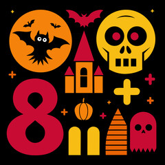 Vibrant halloween icons featuring bats skull and haunted house