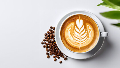 Morning cappuccino with beautiful rosetta latte art, top view with copy space