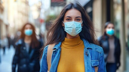 A young woman wearing a blue denim jacket and yellow sweater, walking down a city street with other pedestrians wearing face masks.
