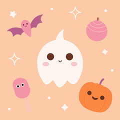 Cute halloween characters and treats on a pastel orange background