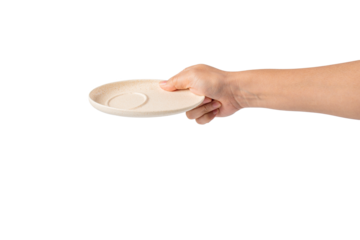 Oval white plate in hand on transparent background
